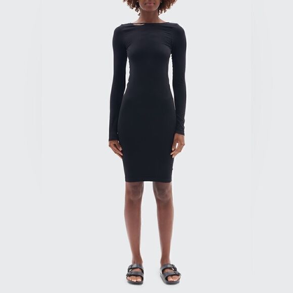 ⭕️ HELMUT LANG Body-Con Dress Black V Back Midi Long Sleeves M/L - Picture 2 of 9